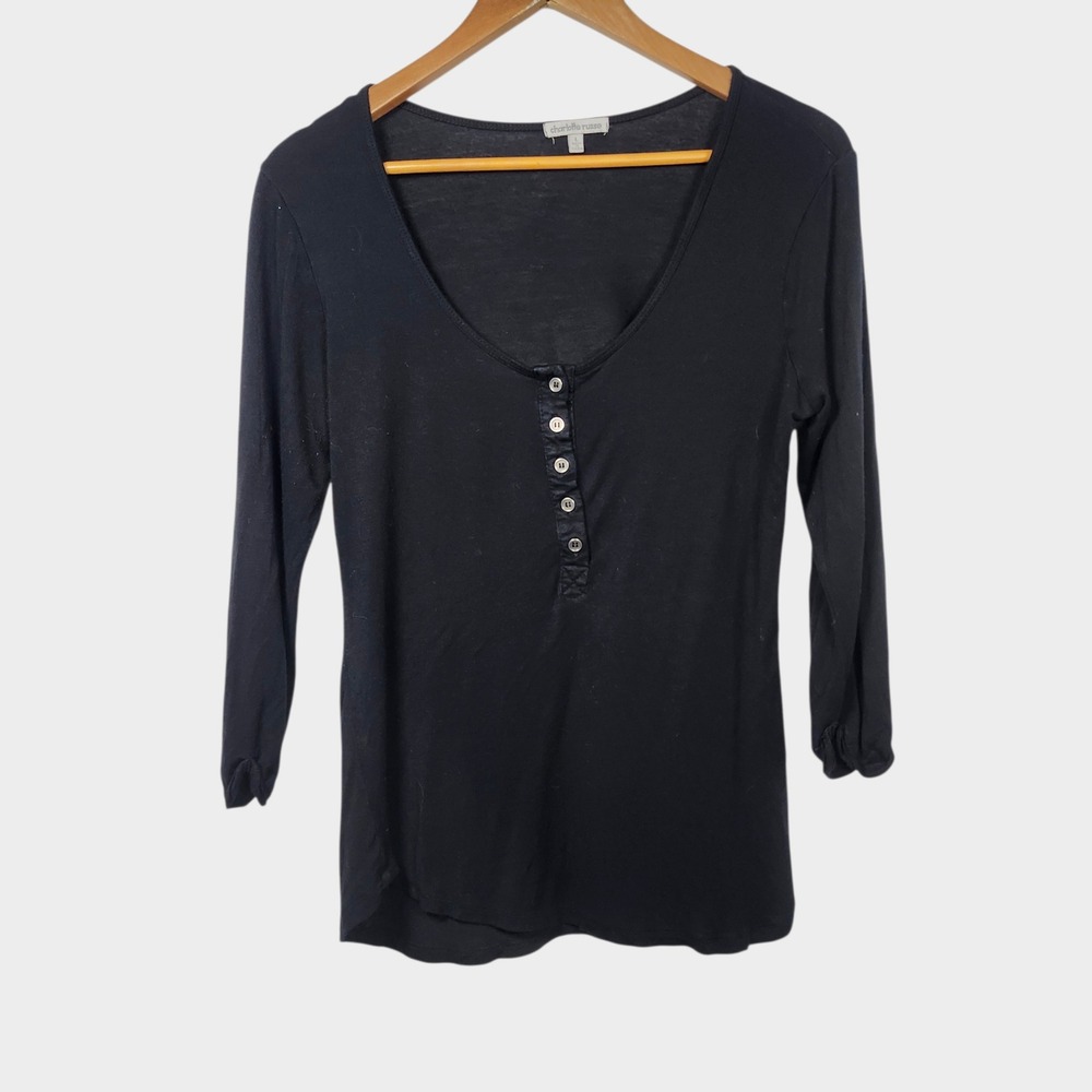 Y2K Charlotte Russe Henley Top Women Large Black Scoop Neck Vintage